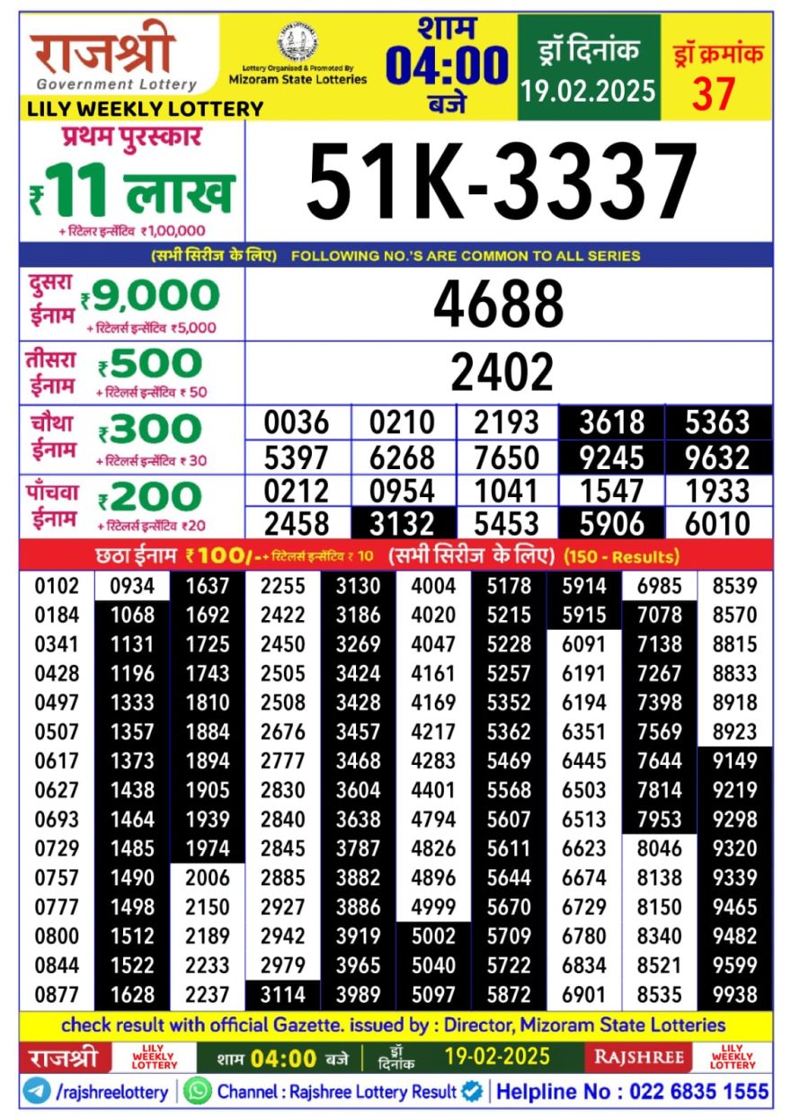 Rajshree Lily Wednesday Weekly Lottery 4PM Result 19.2.25
