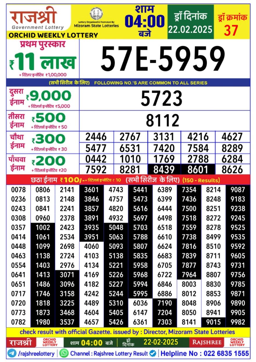 Rajshree orchid Saturday Weekly Lottery 4PM Result 22.2.25