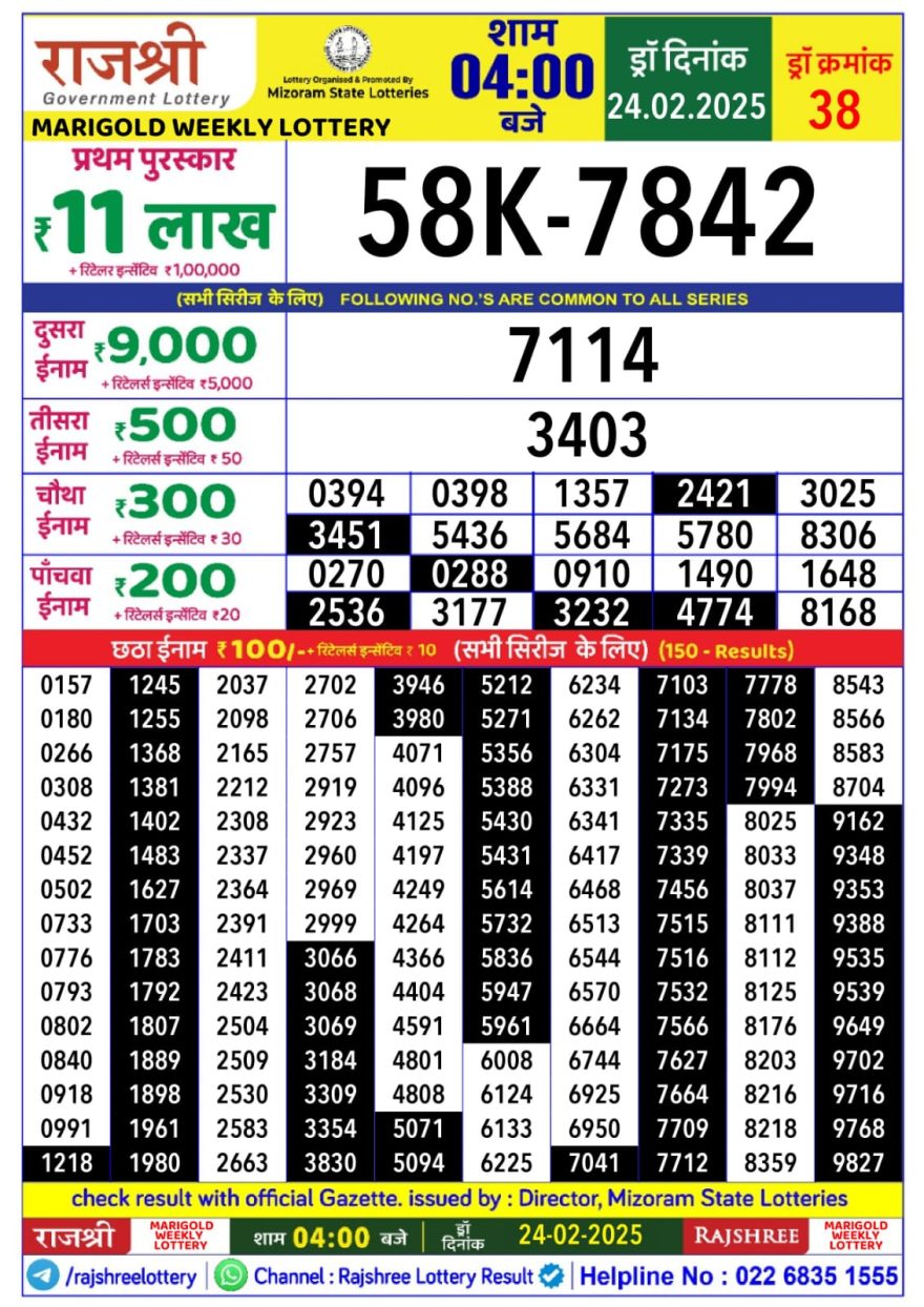 Rajshree marigold monday Weekly Lottery 4PM Result 24.2.25