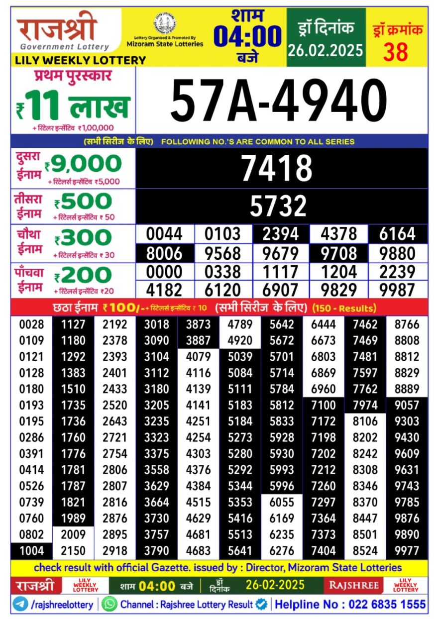 Rajshree Lily Wednesday Weekly Lottery 4PM Result 26.2.25