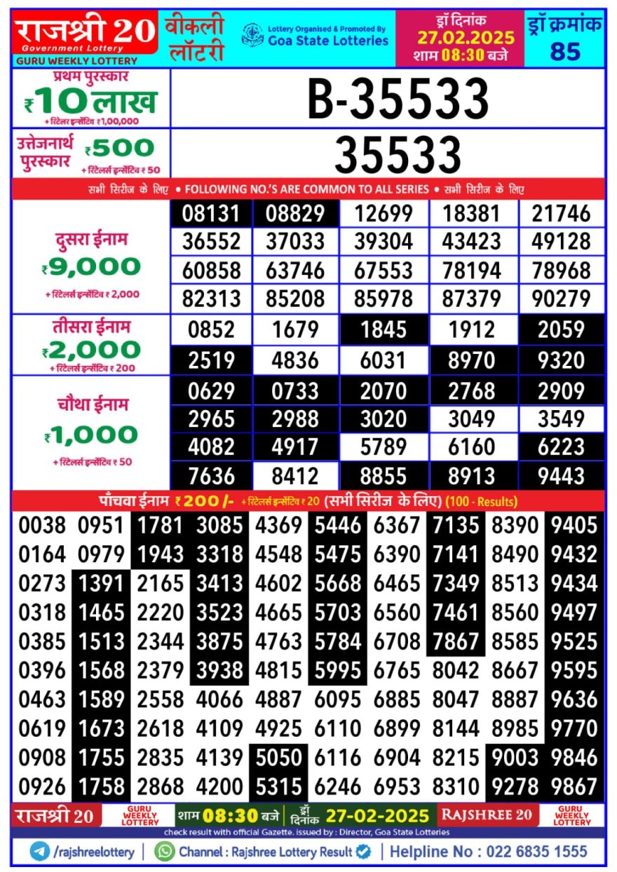 Rajshree 20 Lottery 8:30PM Result 27.2.25