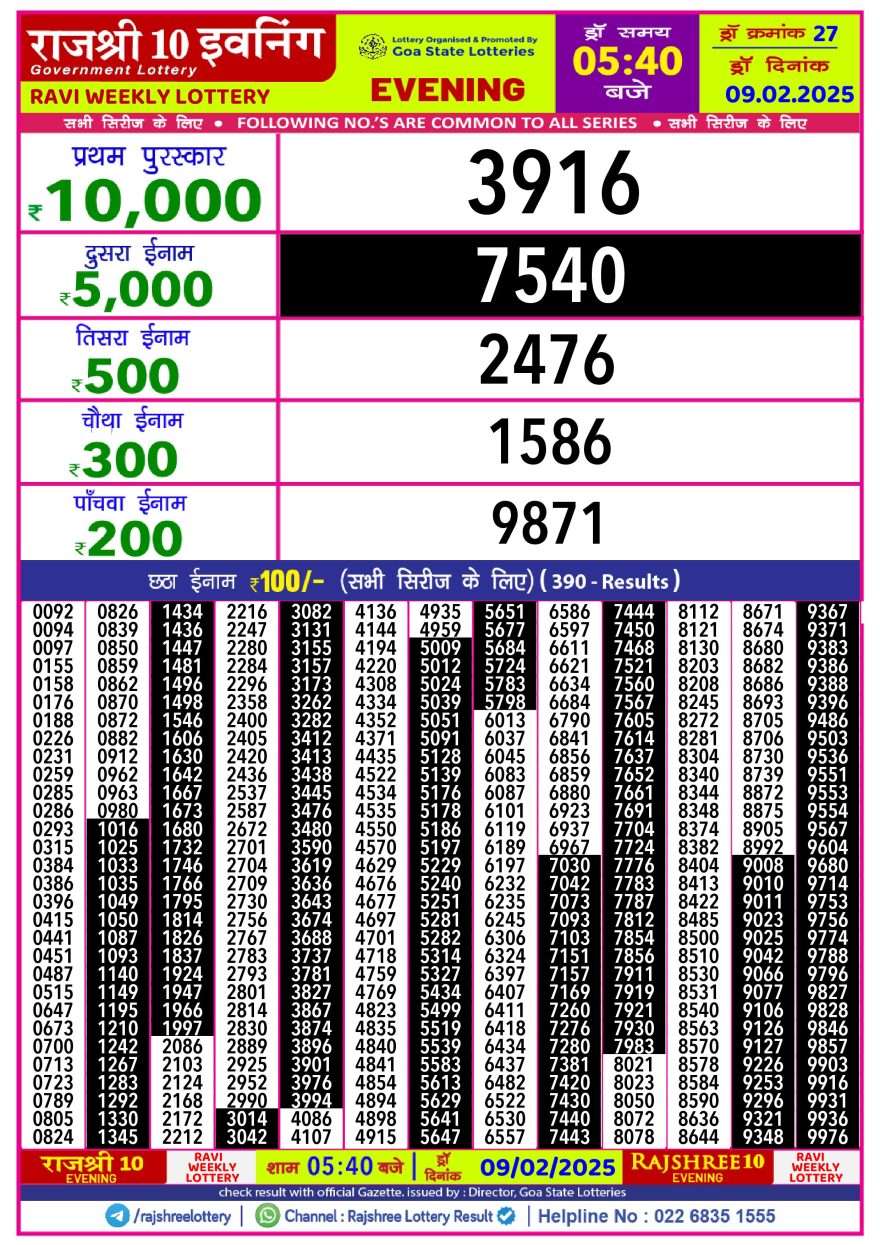 Rajshree 10 evening Sunday 5:40pm result 9.2.25