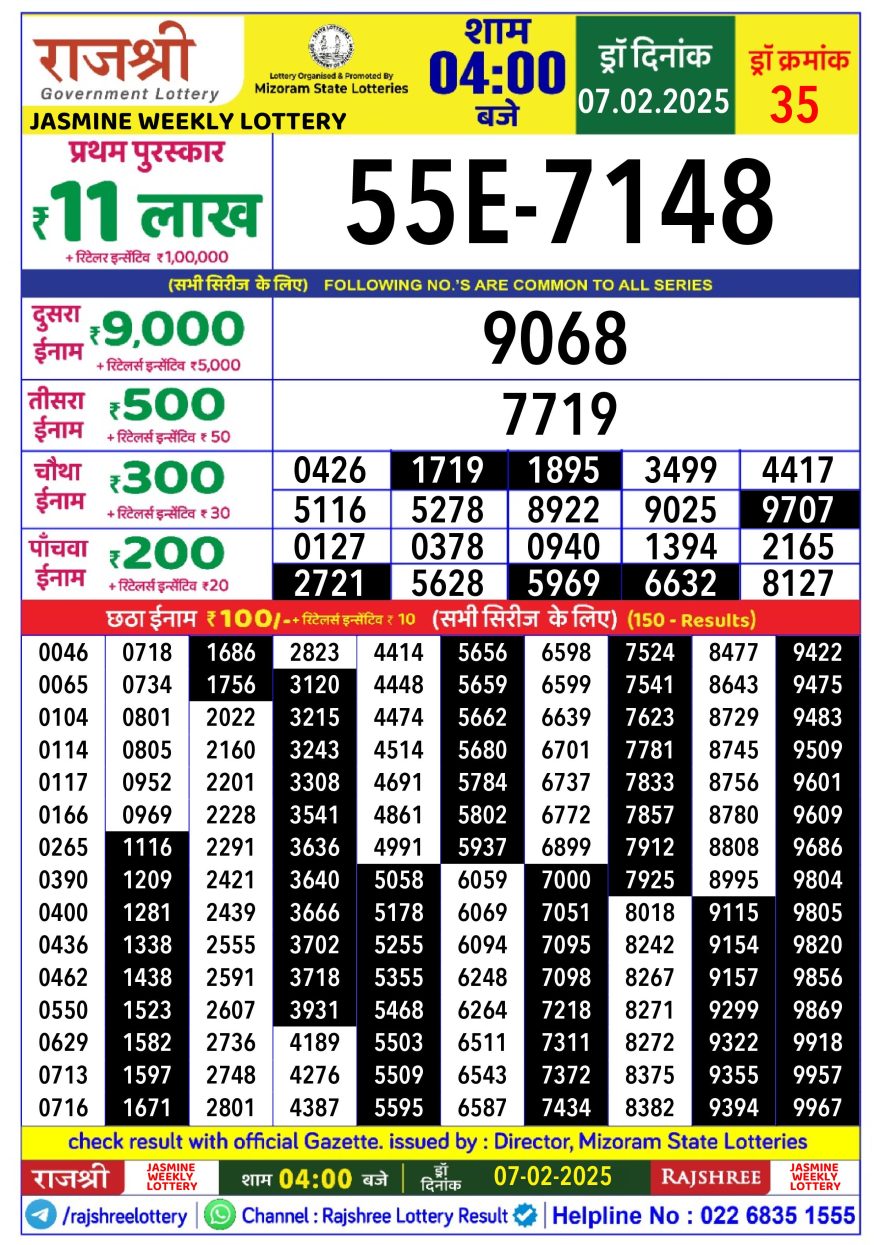 Rajshree jasmine Friday Weekly Lottery 4PM Result 7.2.25