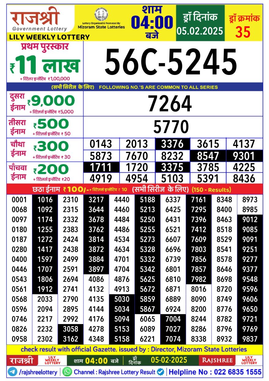 Rajshree Lily Wednesday Weekly Lottery 4PM Result 5.2.25