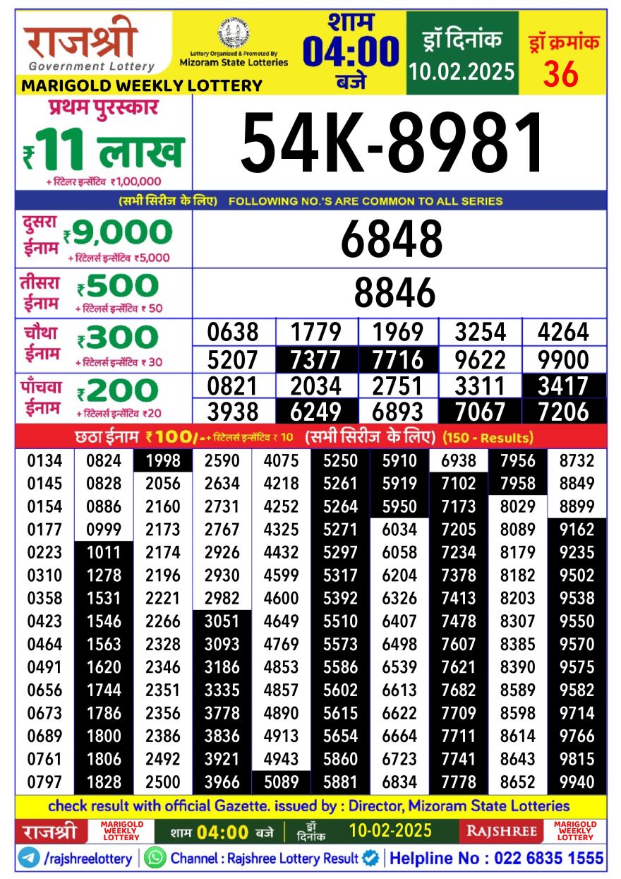 Rajshree marigold monday Weekly Lottery 4PM Result 10.2.25