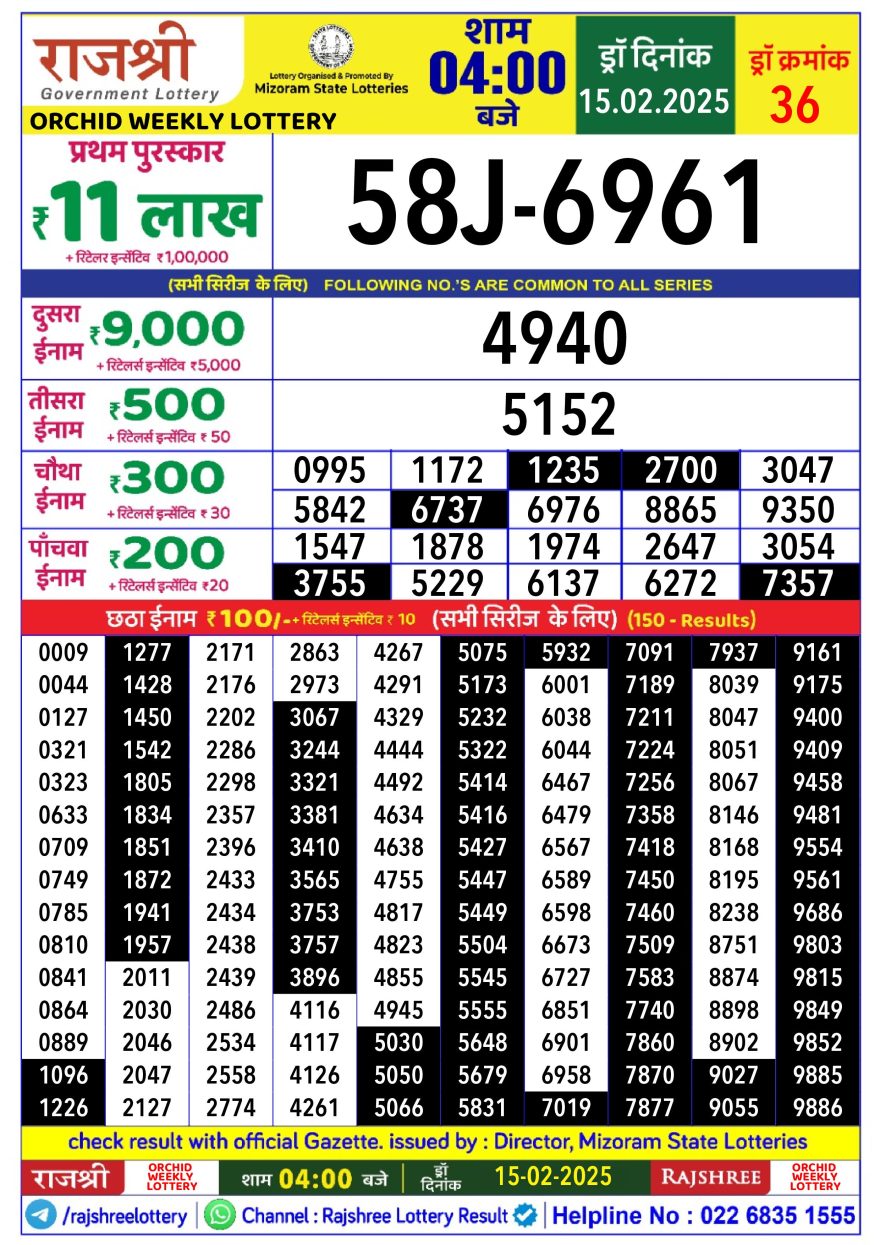 Rajshree orchid Saturday Weekly Lottery 4PM Result 15.2.25
