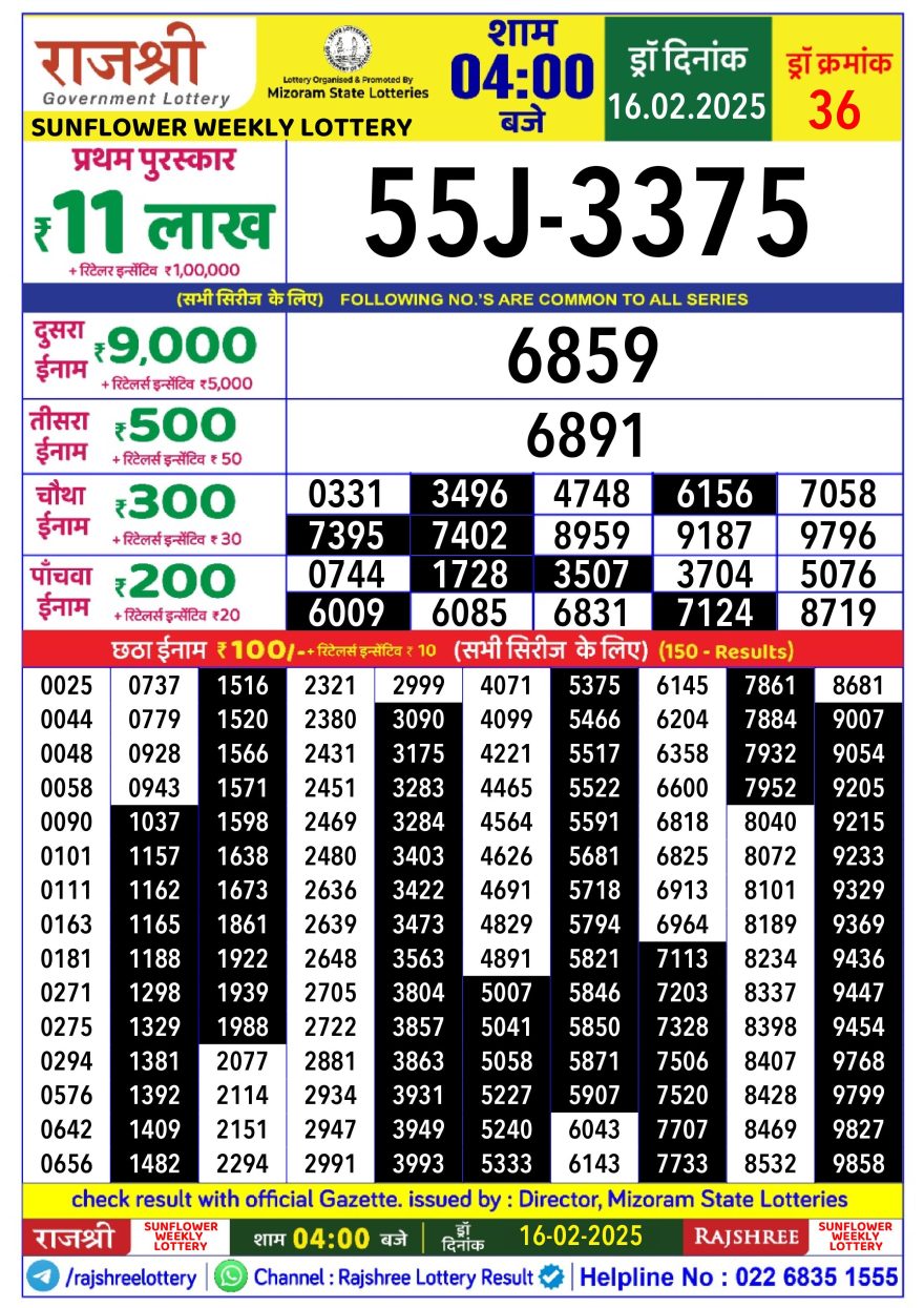 Rajshree sunflower sunday Weekly Lottery 4PM Result 16.2.25