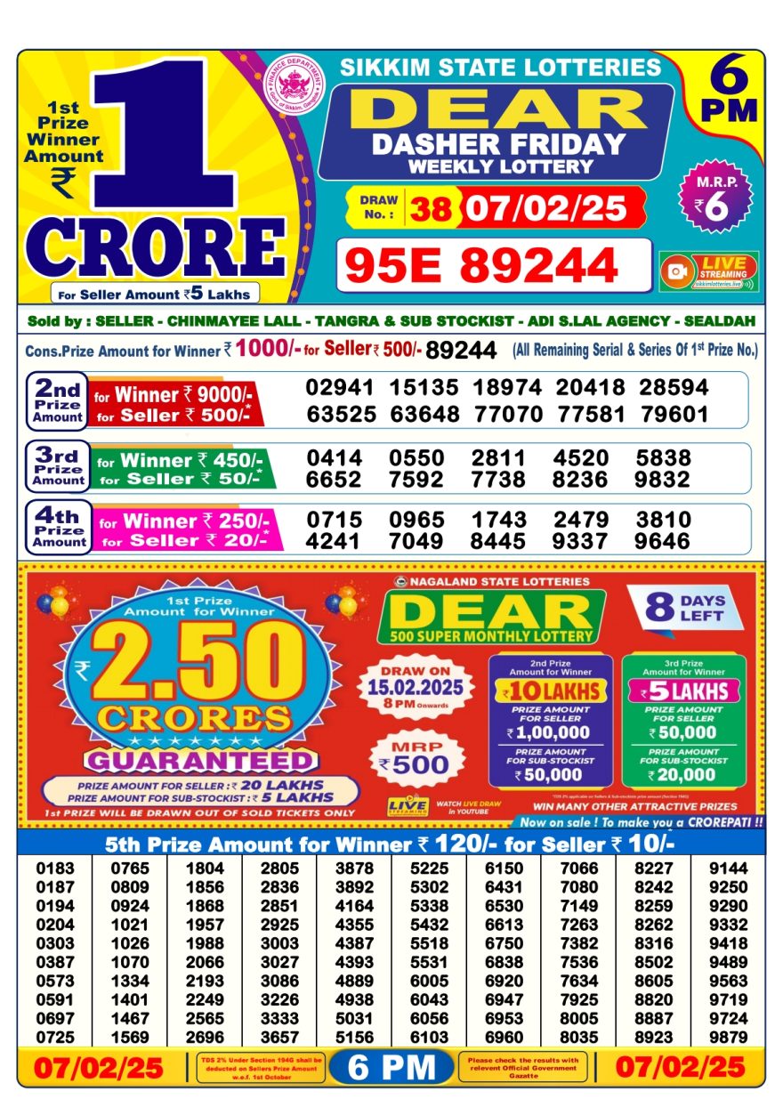 Dear dasher Friday weekly 6PM Result 7.2.2025