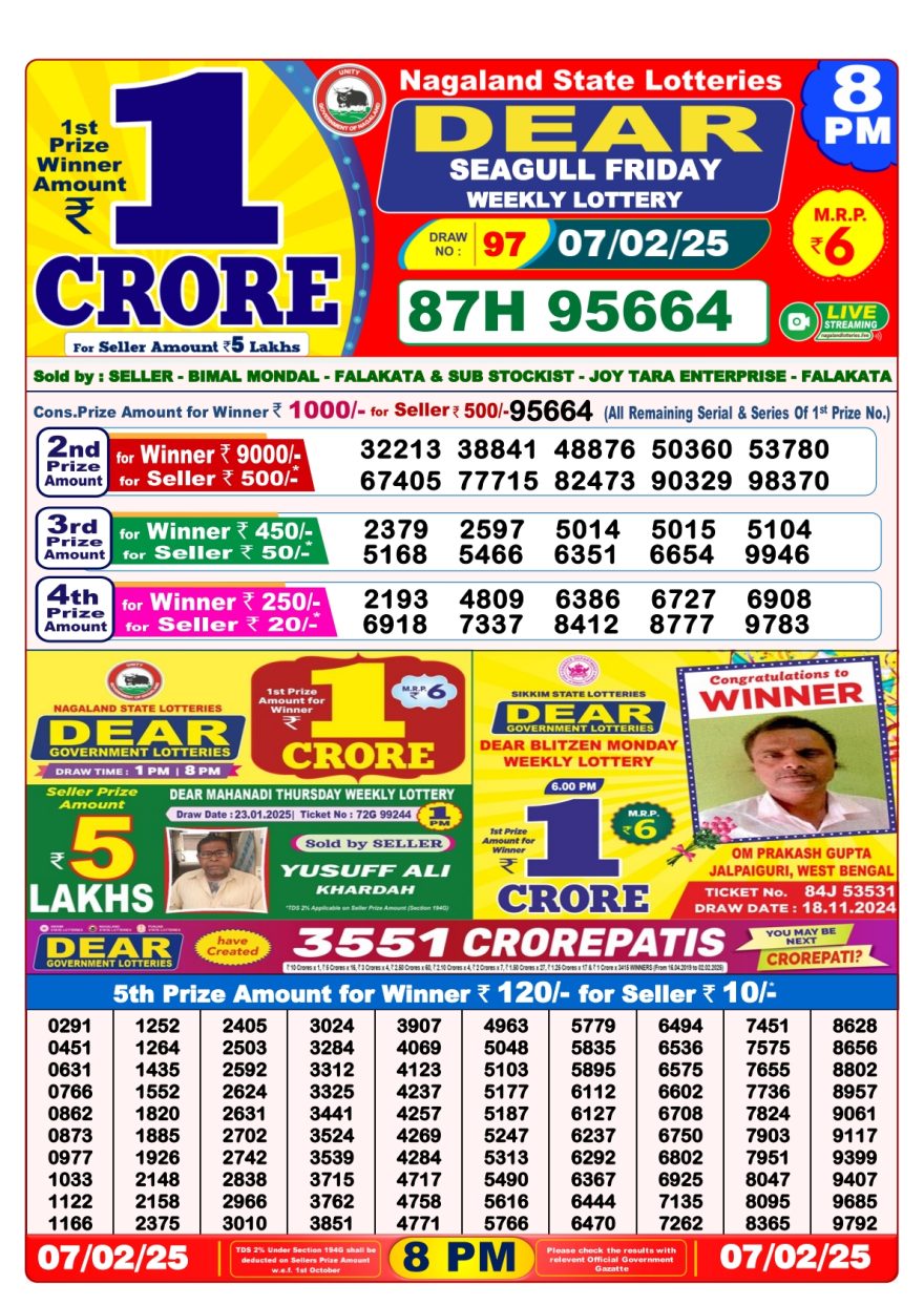 Dear seagull Weekly Lottery 8PM Result 7.2.2025