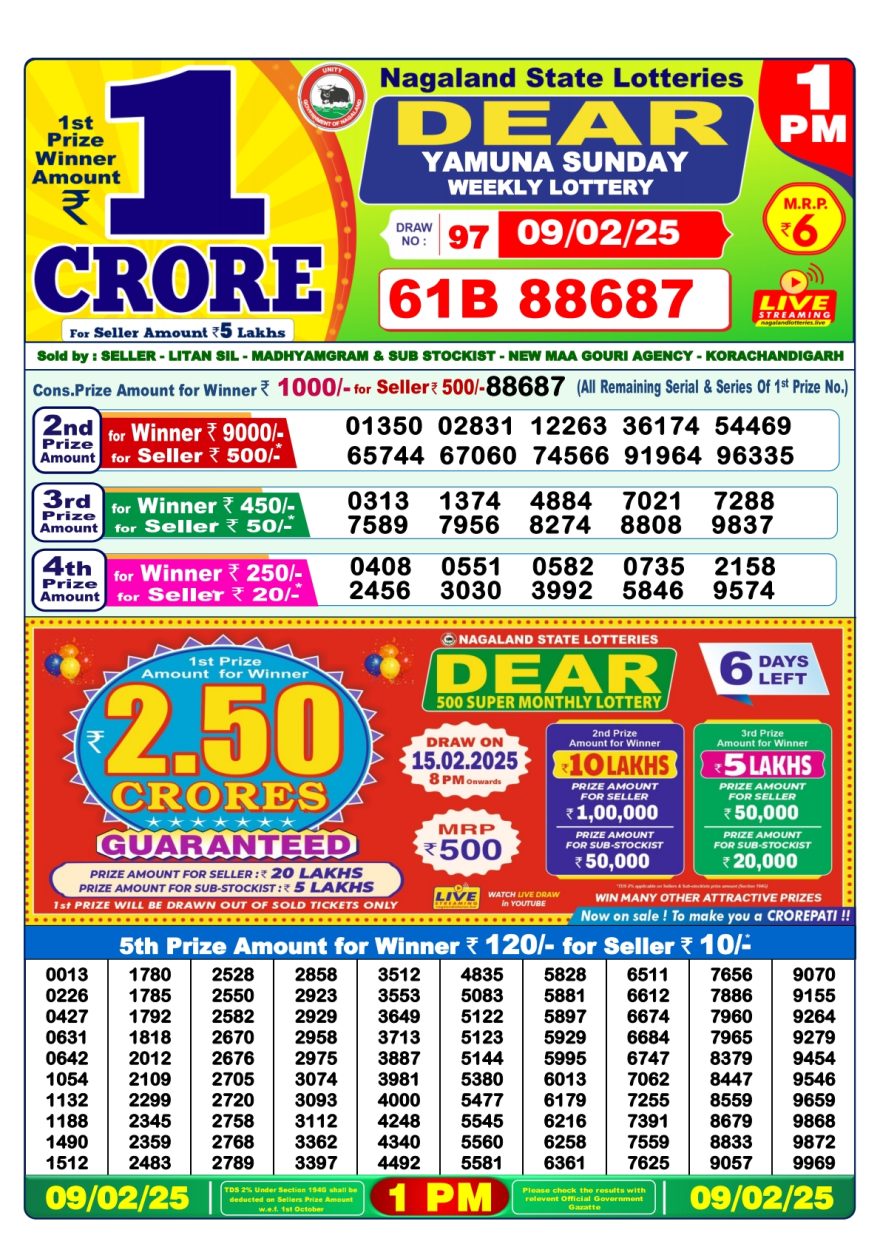 Dear yamuna sunday Weekly 1pm result 9.2.25