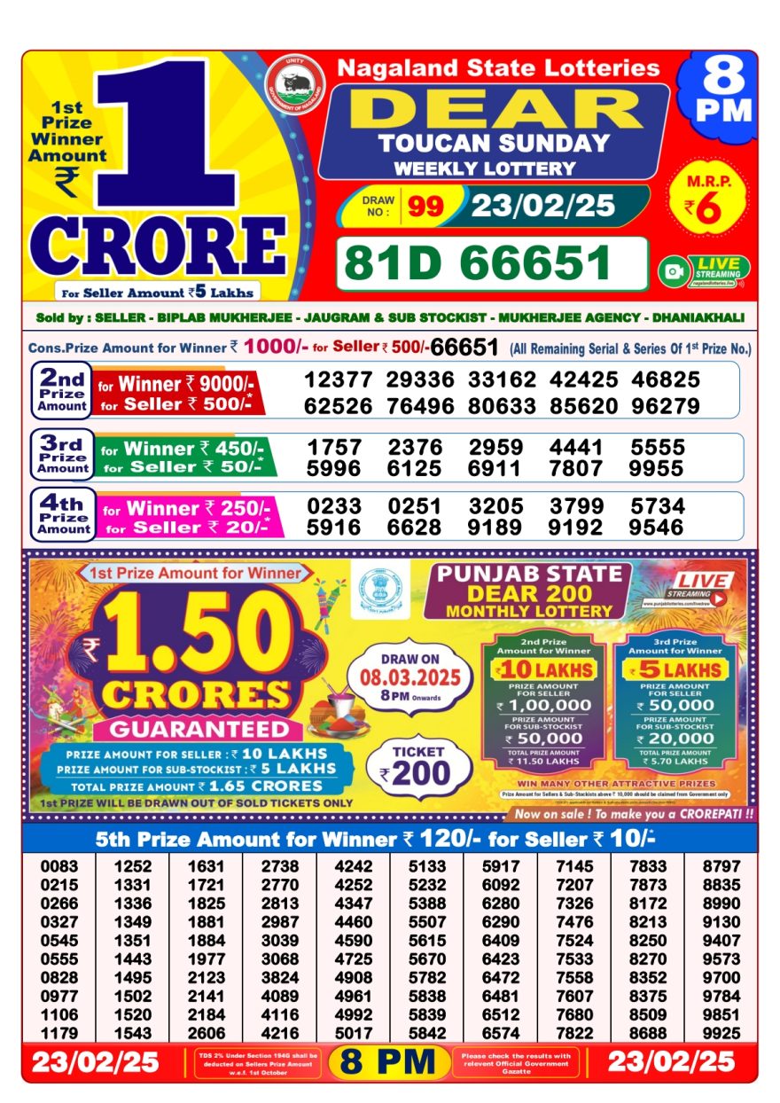 Dear toucan Weekly Lottery 8PM Result 23.2.25