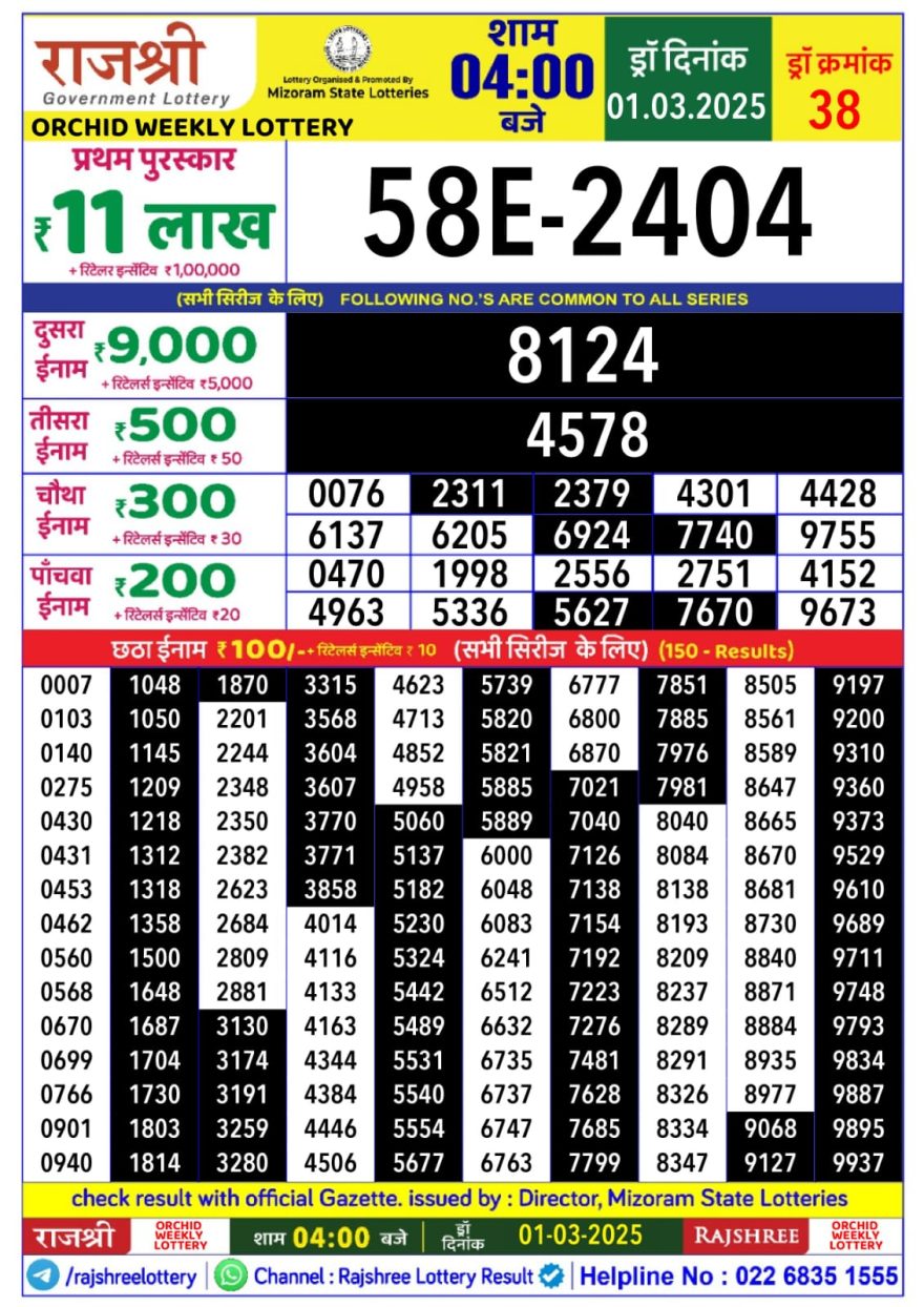 Rajshree orchid Saturday Weekly Lottery 4PM Result 1.3.25