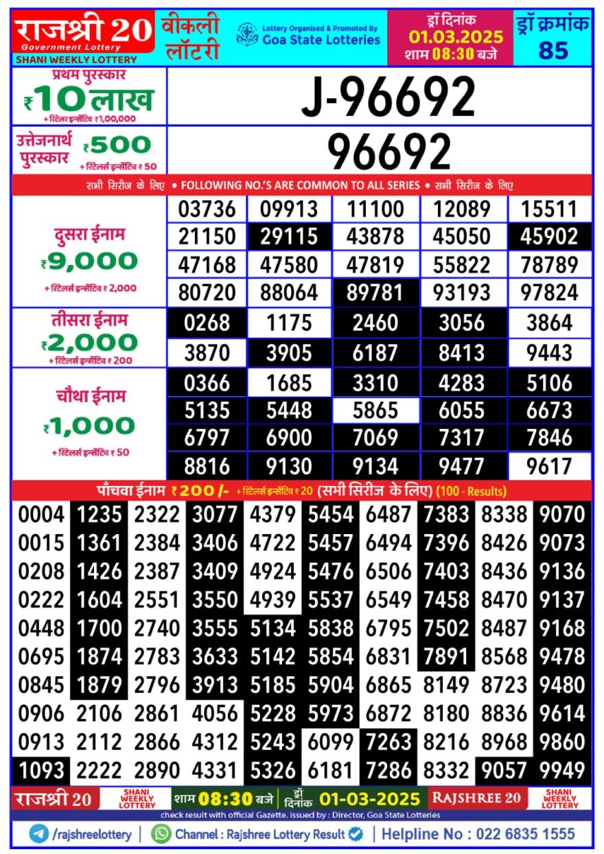 Rajshree 20 Lottery 8:30PM Result 1.3.2025