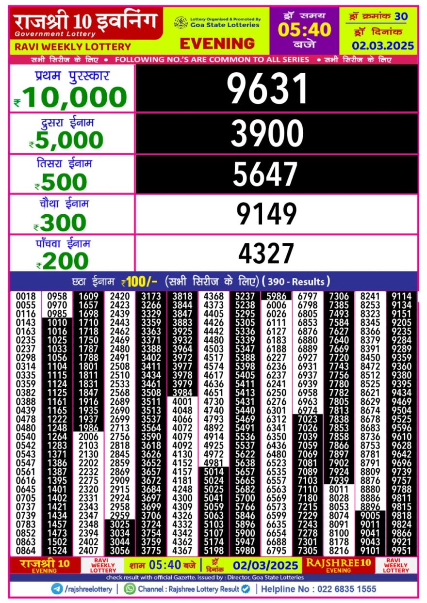 Rajshree 10 evening Sunday 5:40pm result 2.3.25
