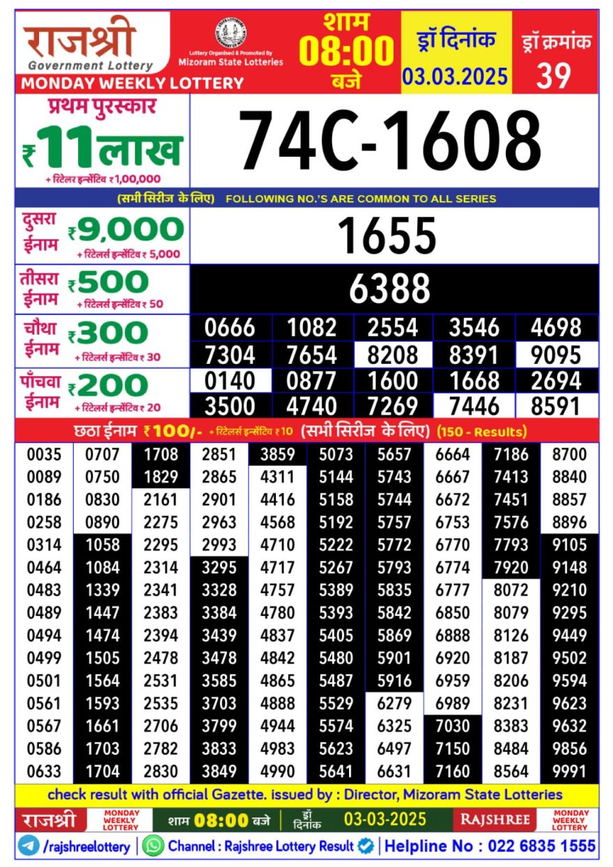 Rajshree Weekly Lottery 8PM Result 3.3.25