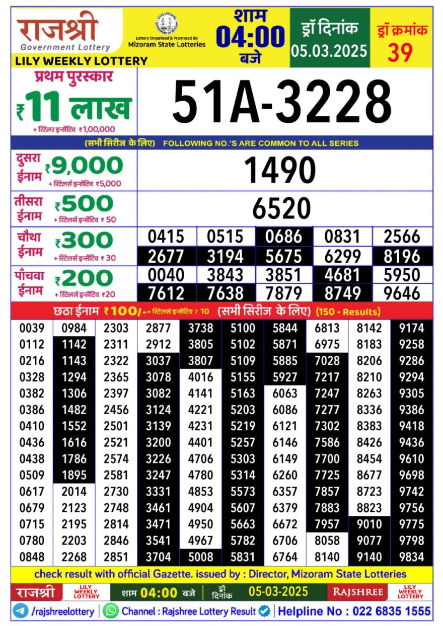 Rajshree Lily Wednesday Weekly Lottery 4PM Result 5.3.25
