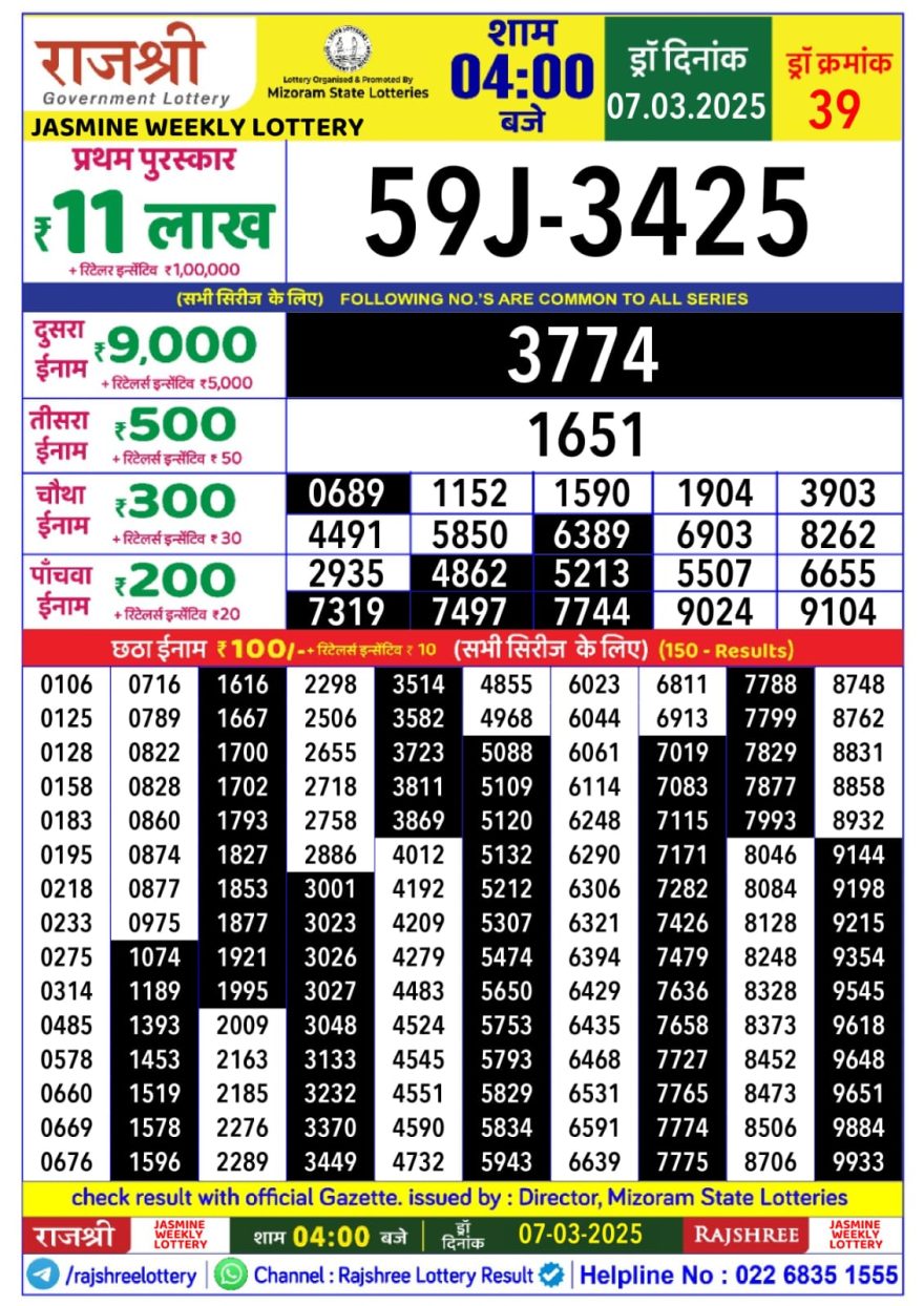 Rajshree jasmine Friday Weekly Lottery 4PM Result 7.3.25