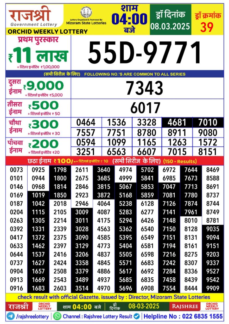 Rajshree orchid Saturday Weekly Lottery 4PM Result 8.3.25