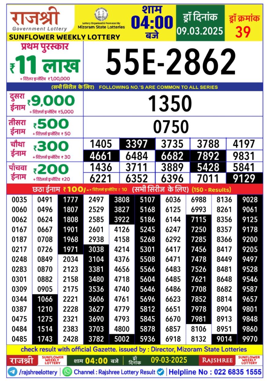 Rajshree sunflower sunday Weekly Lottery 4PM Result 9.3.25