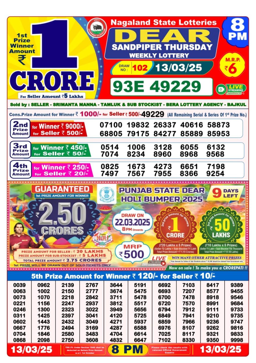 Dear Sandpiper Thursday Weekly Lottery 8PM Result 13.3.25