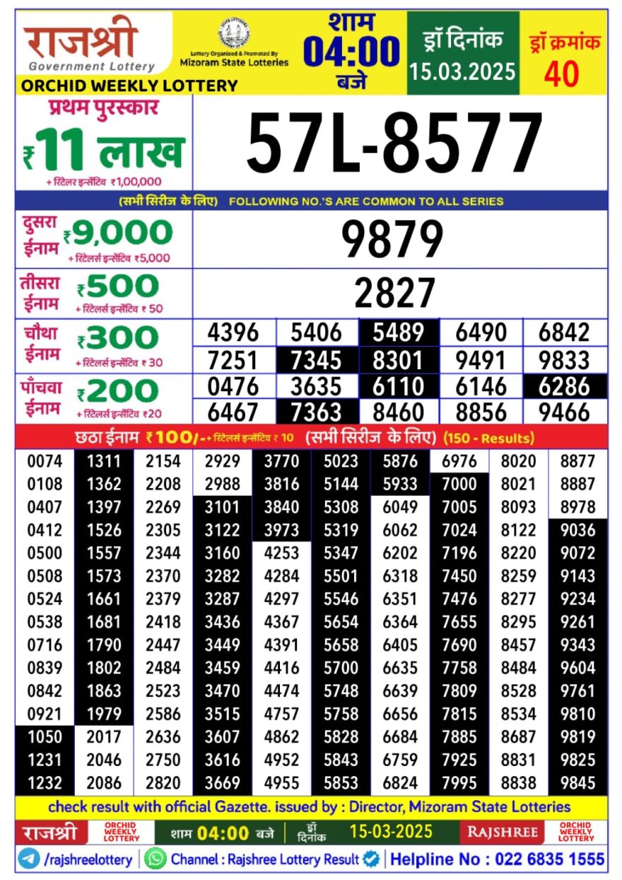 Rajshree orchid Saturday Weekly Lottery 4PM Result 15.3.25