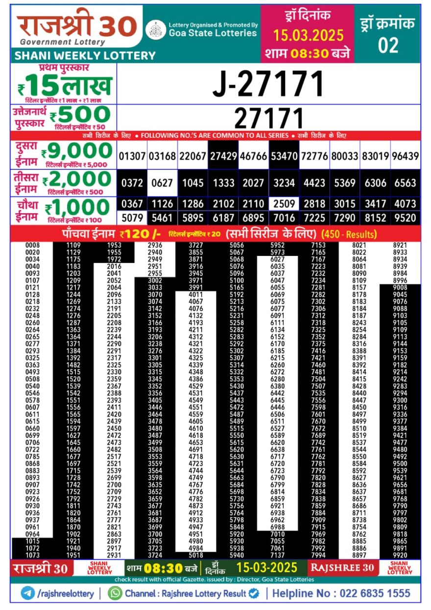 Rajshree 30 Lottery 8:30PM Result 15.3.2025