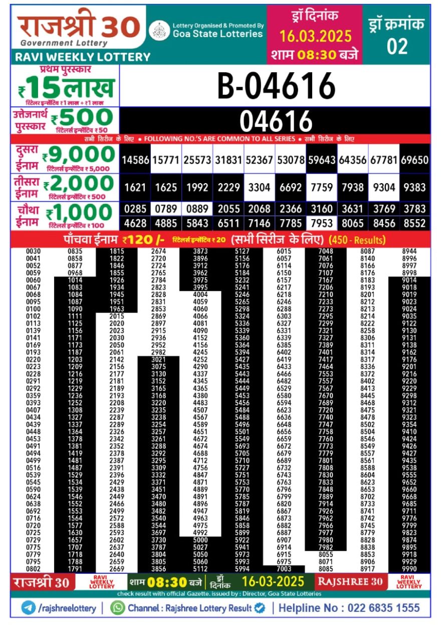 Rajshree 30 Lottery 8:30PM Result 16.3.2025
