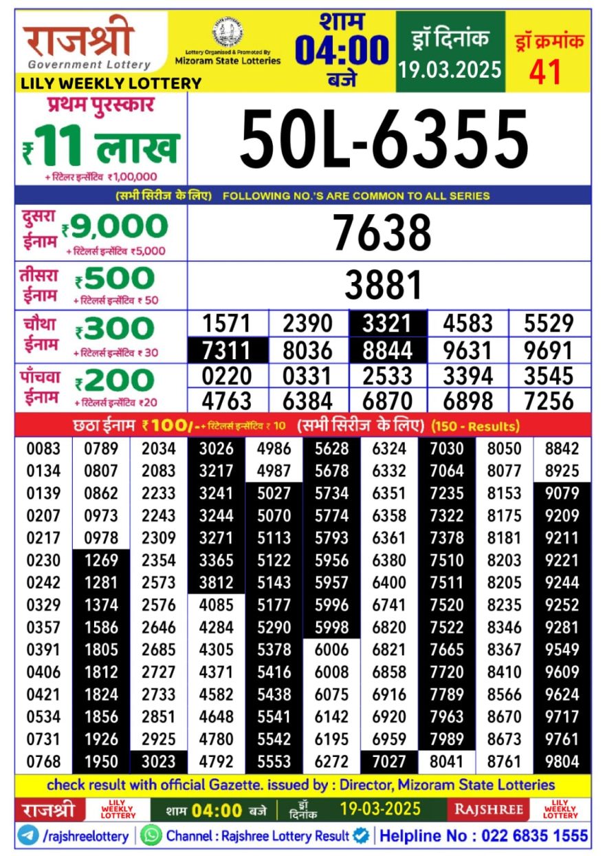 Rajshree Lily Wednesday Weekly Lottery 4PM Result 19.3.25