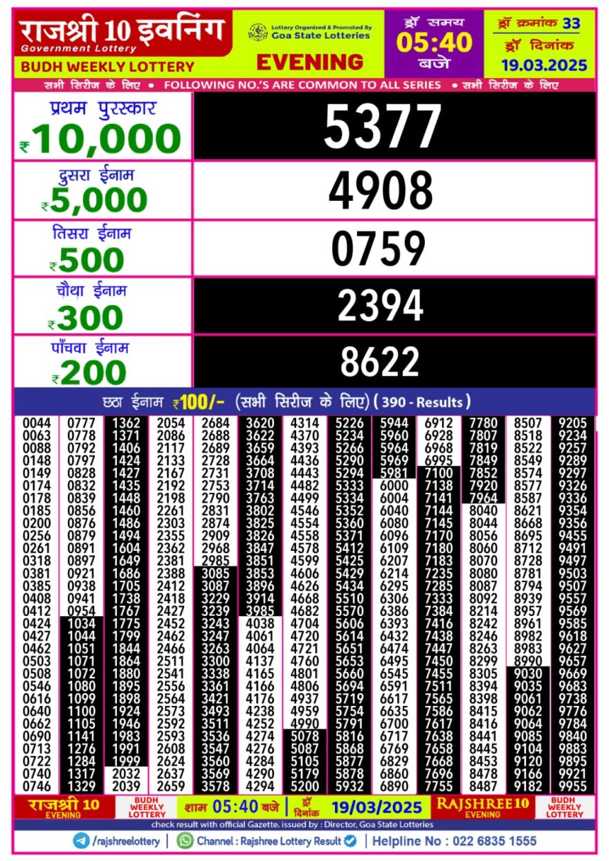 Rajshree 10 evening Wednesday 5:40pm Lottery result 19.3.25