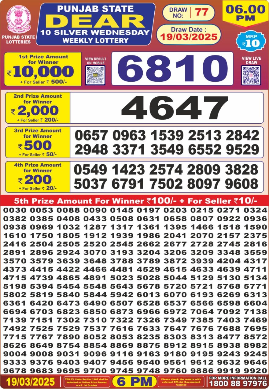 Punjab state dear 10 6pm lottery result 19.3.25