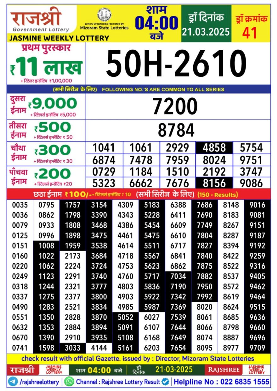 Rajshree jasmine Friday Weekly Lottery 4PM Result 21.3.25