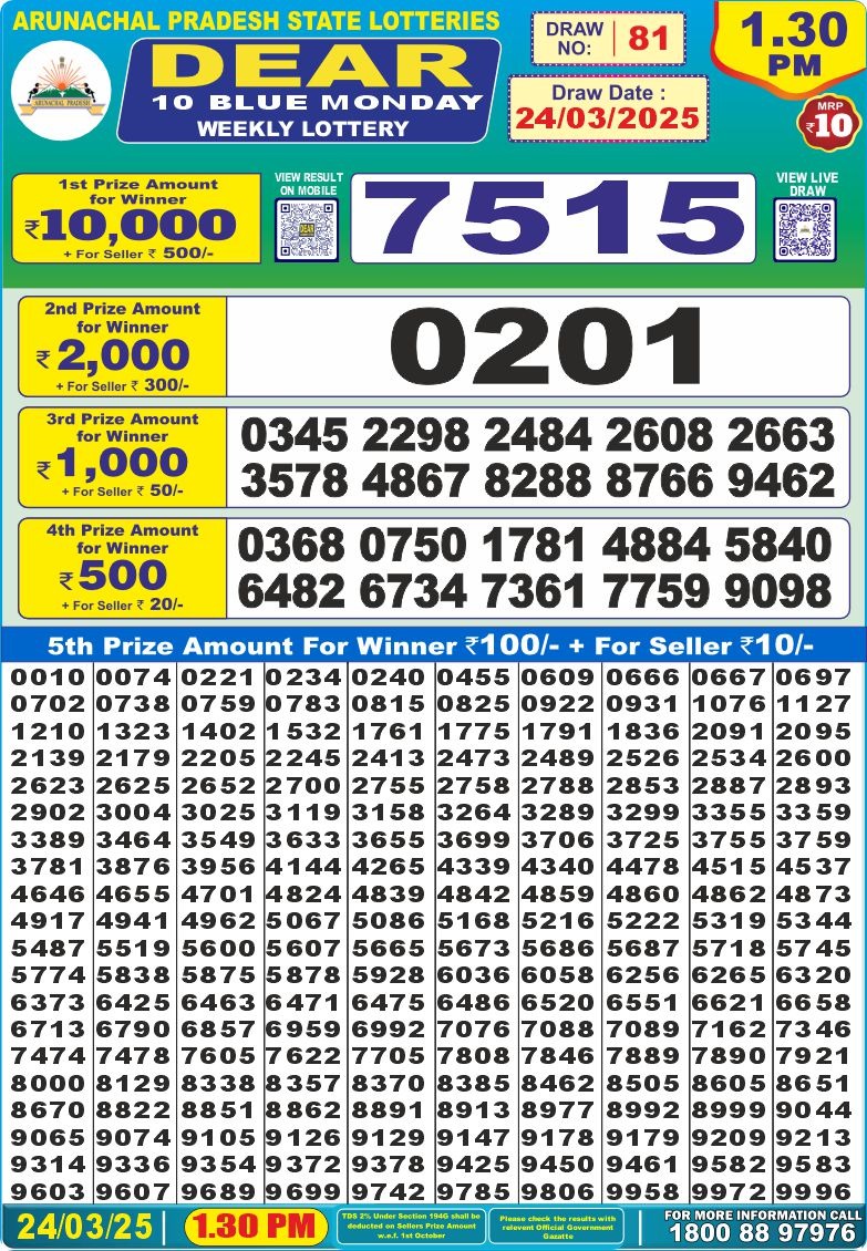 Dear 10 blue lottery 1.30PM Result 24.3.25