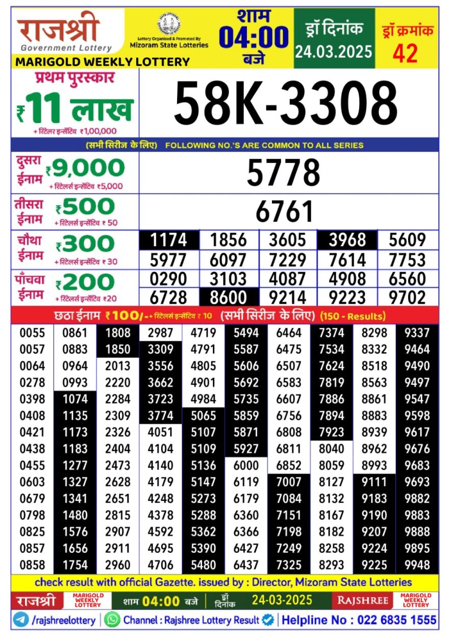 Rajshree marigold monday Weekly Lottery 4PM Result 24.3.25