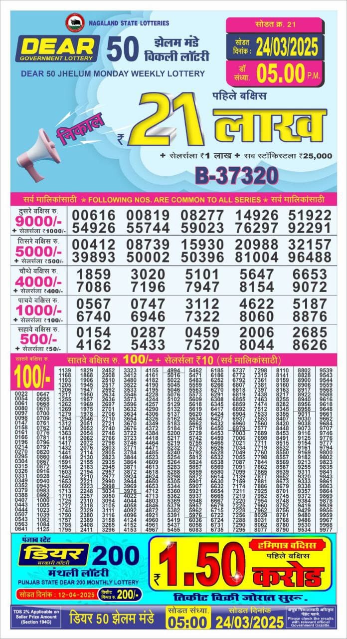 Dear 50 jhelum monday Lottery 5pm Result 24.3.25