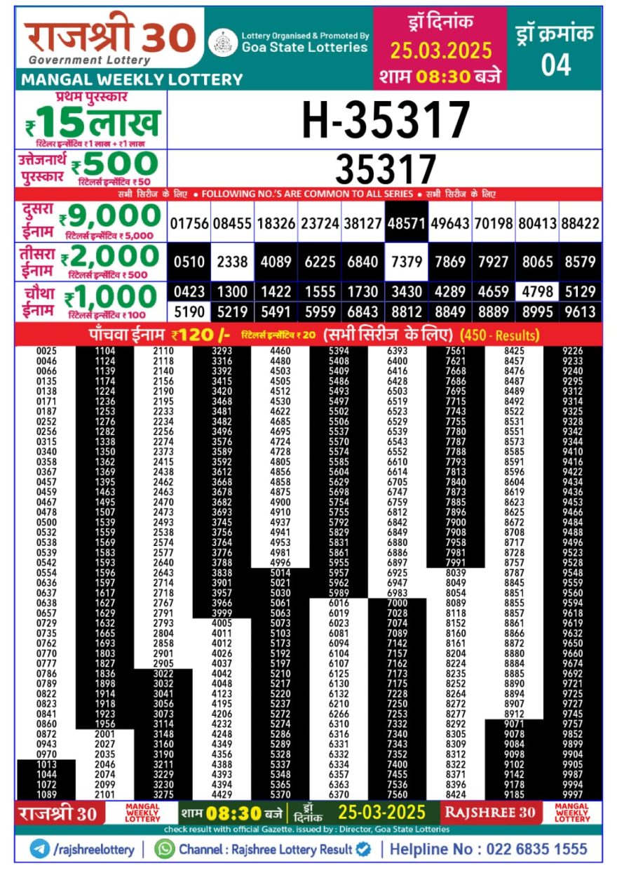 Rajshree 30 Lottery 8:30PM Result 25.3.25