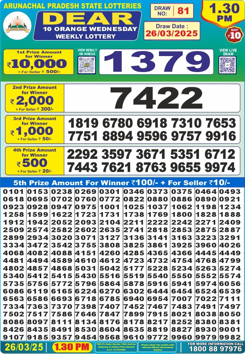 Dear 10 Orange Lottery 1.30PM Result 26.3.25