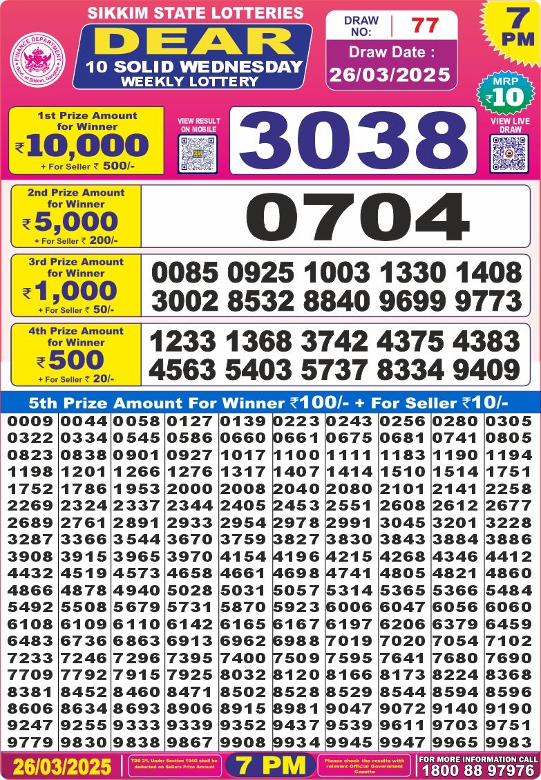Dear 10 solid 7pm Lottery result 26.3.25