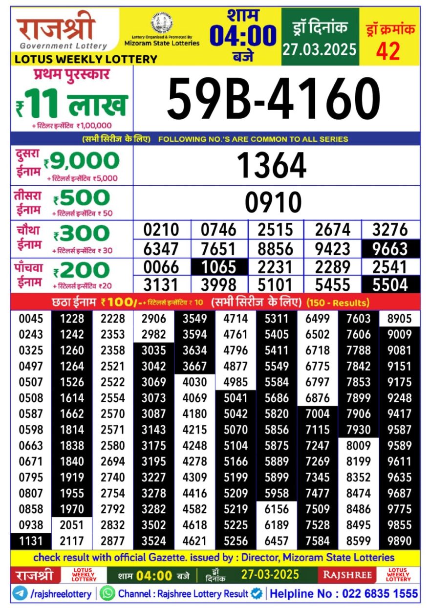 Rajshree Lotus Thursday Weekly Lottery 4PM Result 27.3.25