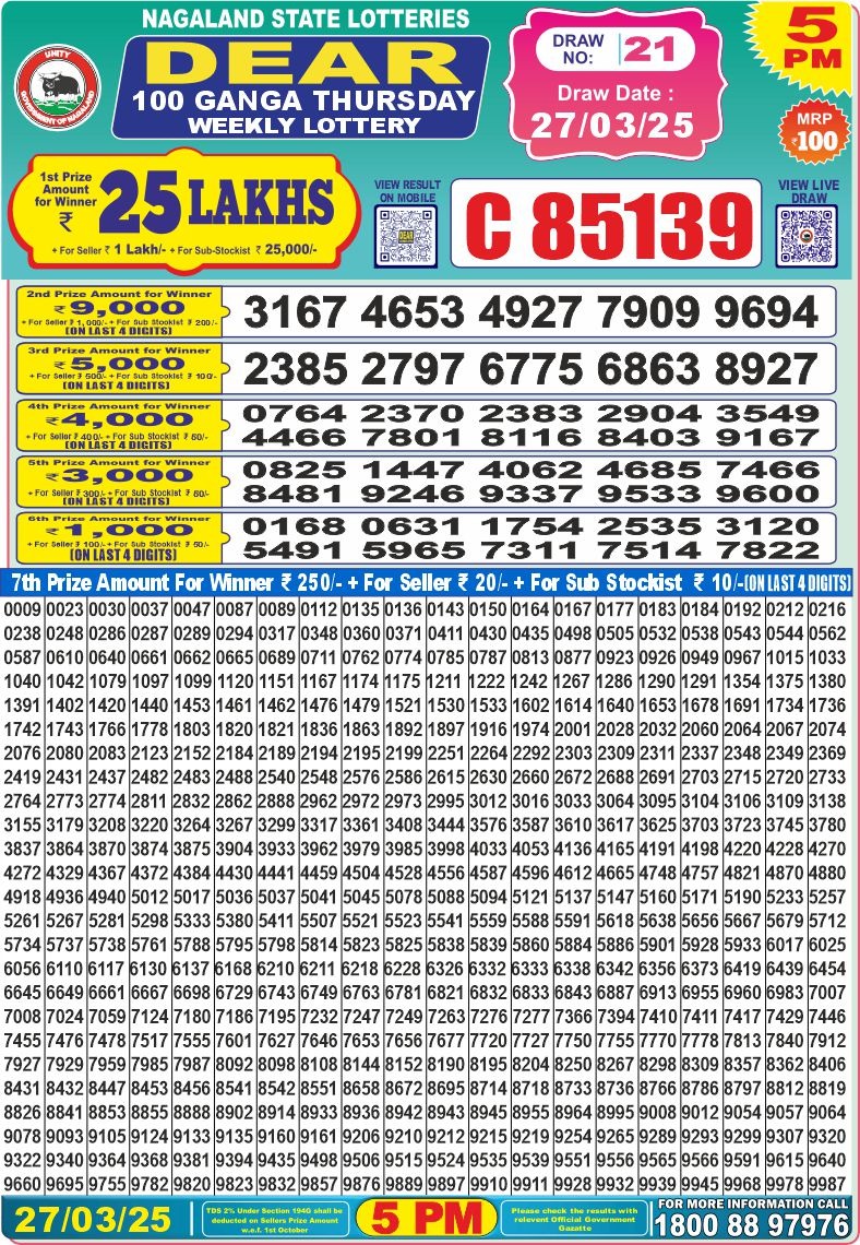 Dear 100 Ganga Thursday Lottery 5pm Result 27.3.25
