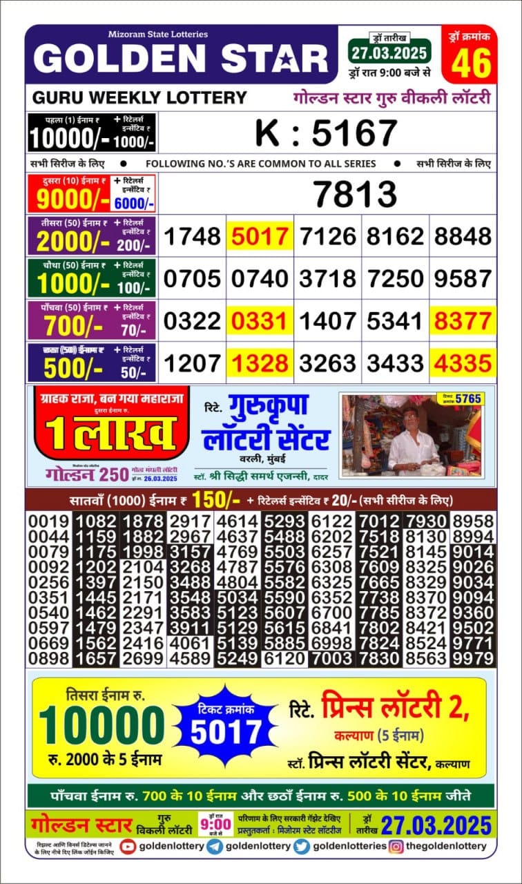 Golden Star weekly Lottery result 9pm 27.3.25
