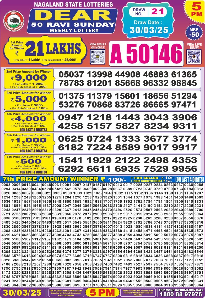 Dear 50 ravi saturday Lottery 5pm Result 30.3.25