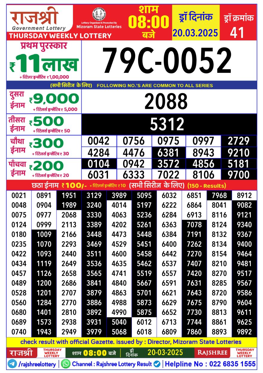 Rajshree Thursday Weekly Lottery 8PM Result 20.3.25