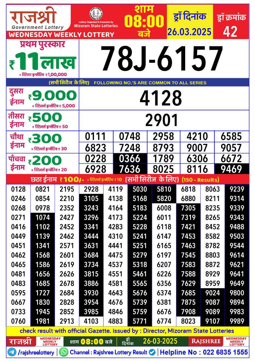 Rajshree Weekly Lottery 8PM Result 26.3.25
