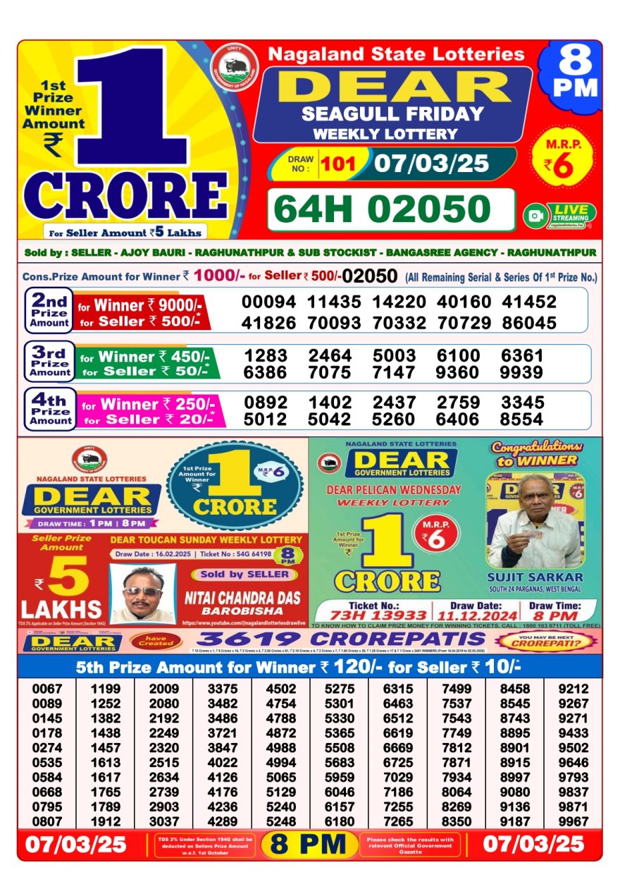 Dear seagull Weekly Lottery 8PM Result 7.3.2025