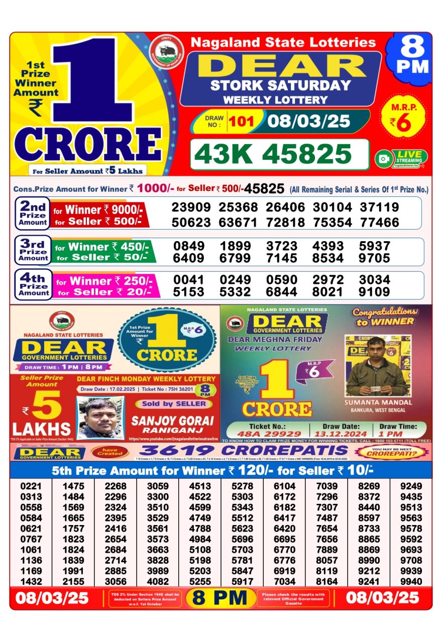 Dear stork Weekly Lottery 8PM Result 8.3.25