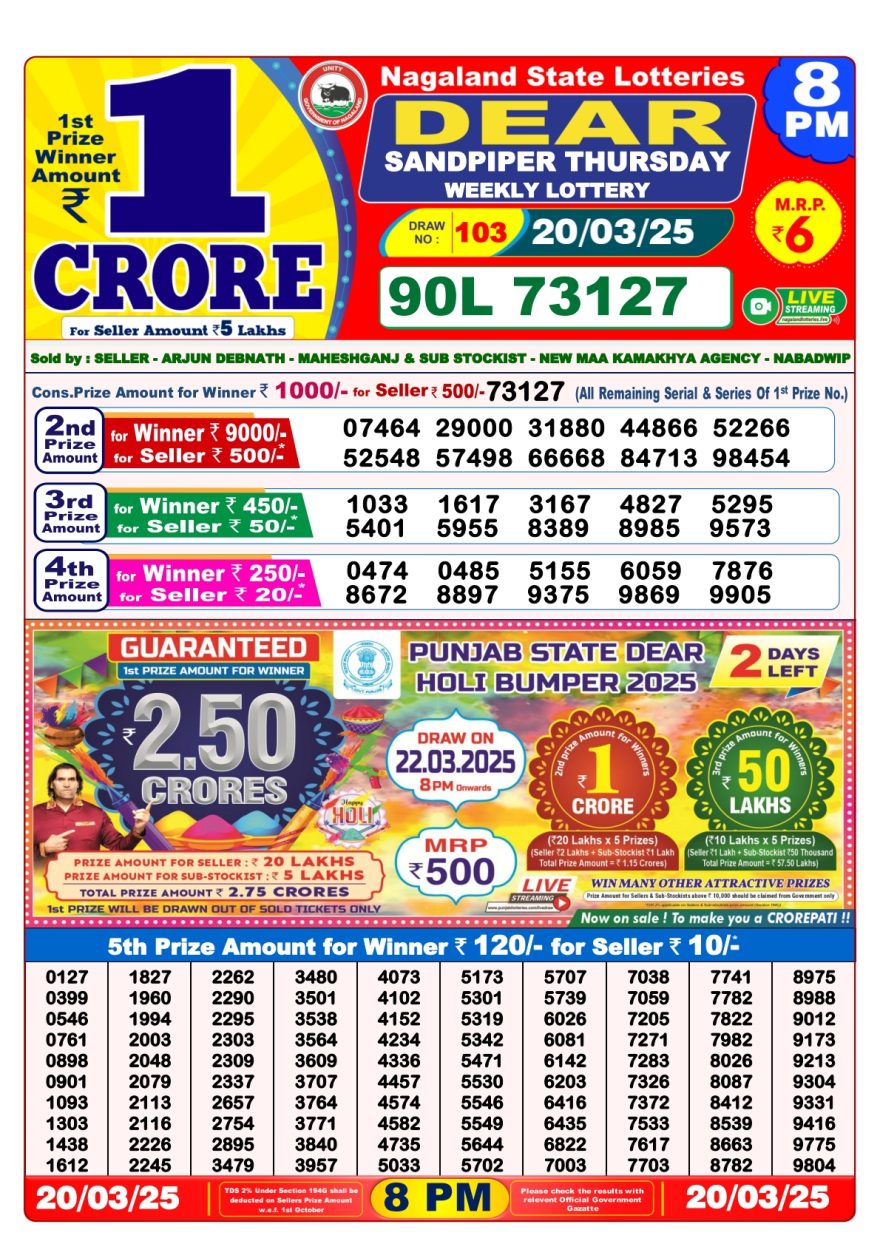 Dear Sandpiper Thursday Weekly Lottery 8PM Result 20.3.25