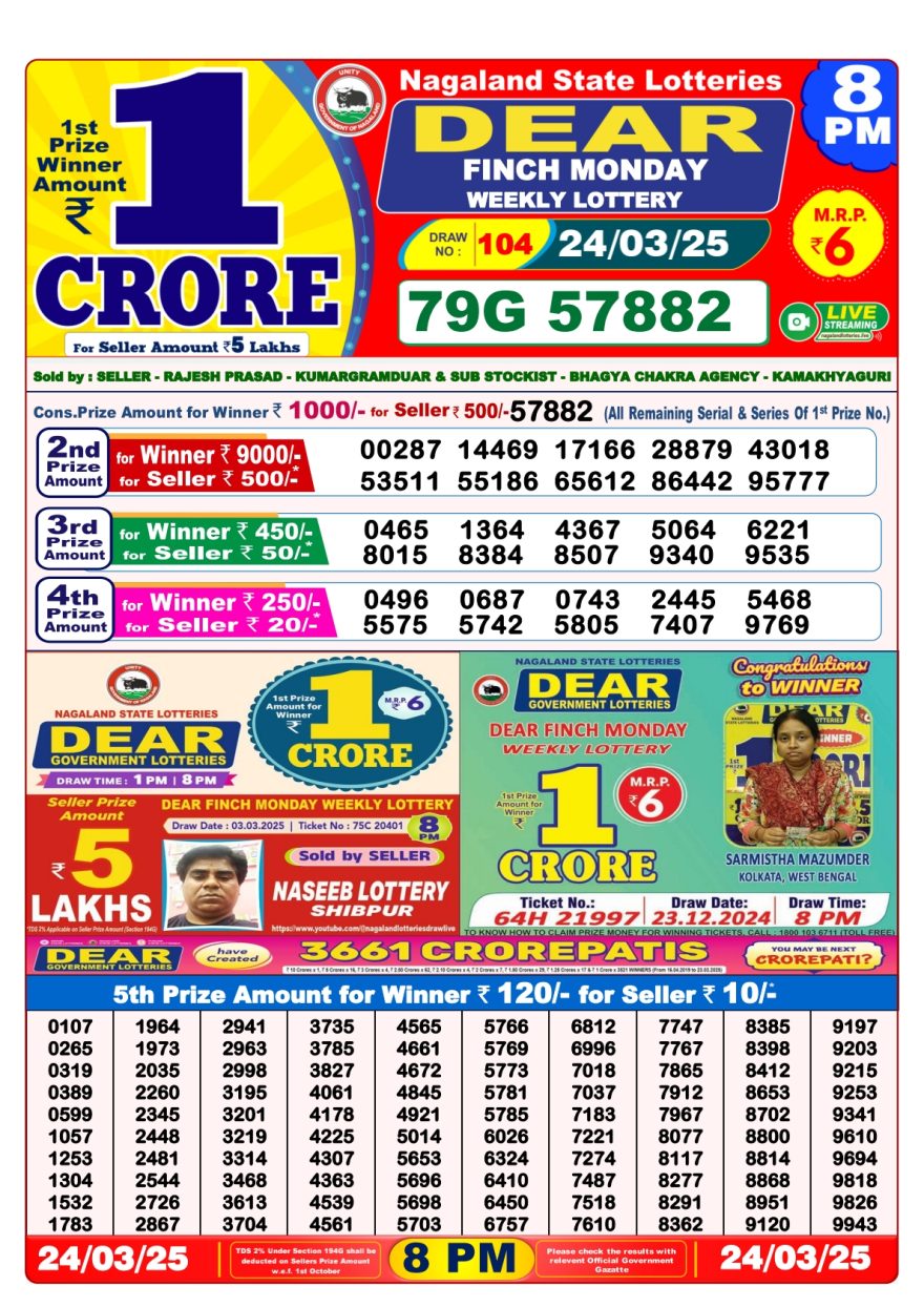 Dear finch Weekly Lottery 8PM Result 24.3.25