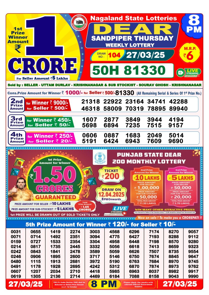 Dear Sandpiper Thursday Weekly Lottery 8PM Result 27.3.25