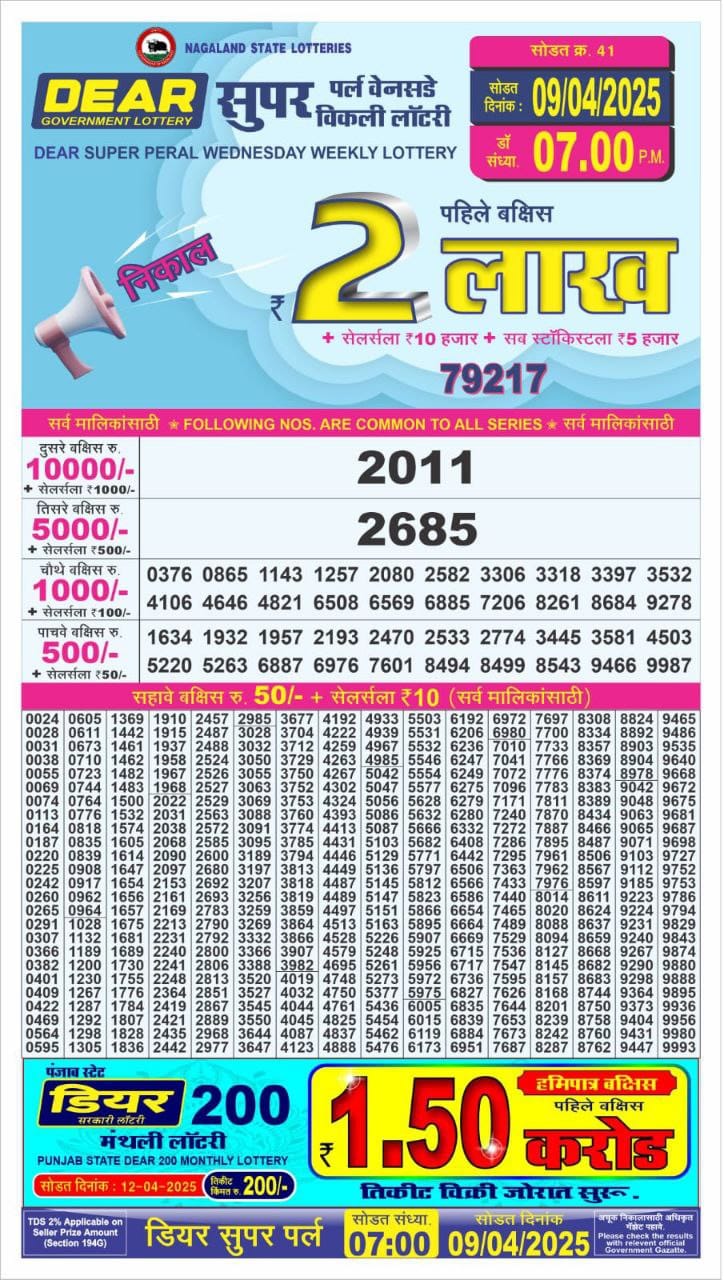 Dear Super Peral Lottery 7pm result 9.4.25