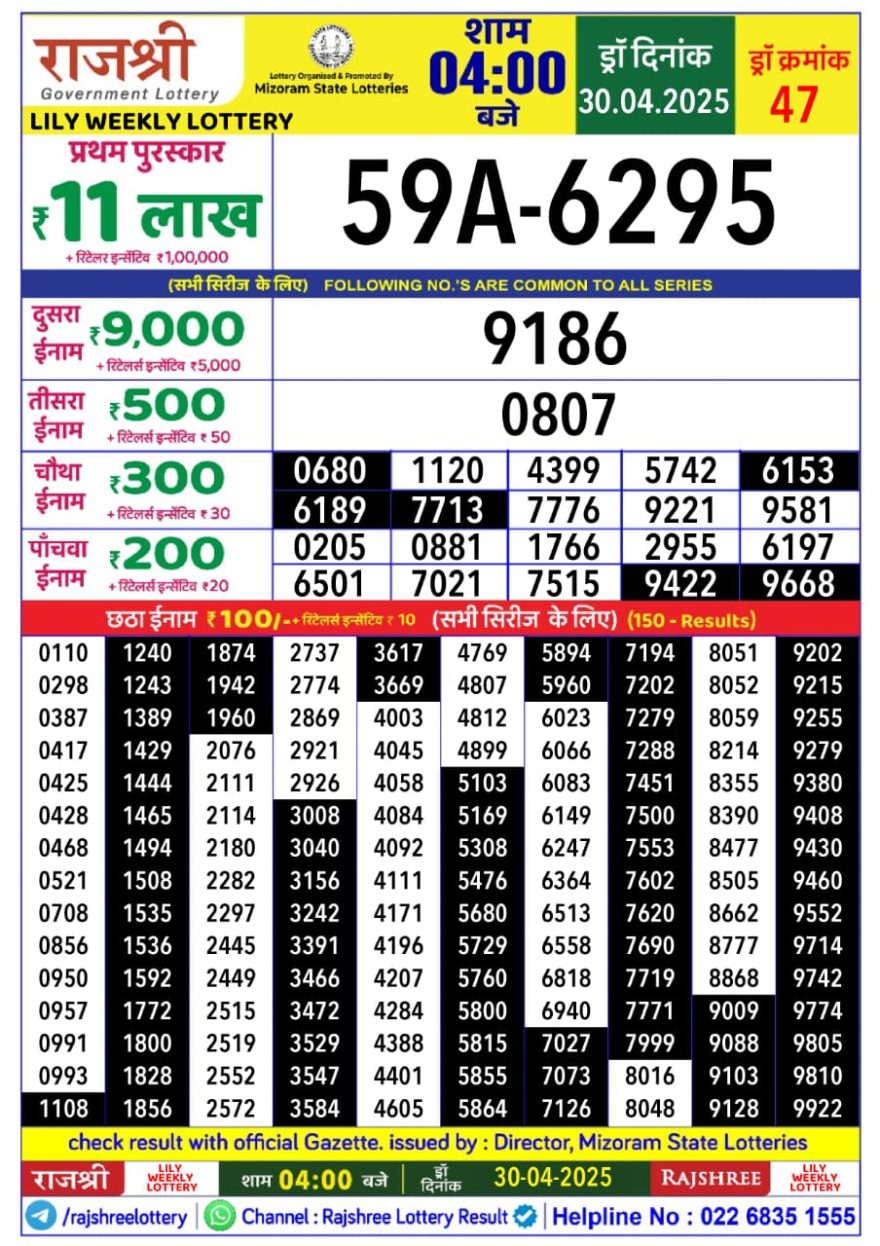 Rajshree Lily Wednesday Weekly Lottery 4PM Result 30.4.25